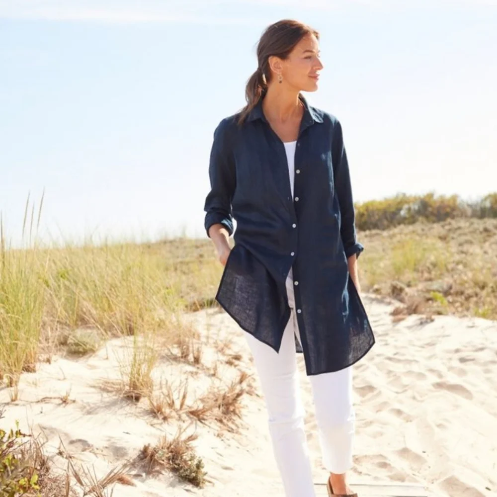 J Jill Linen Navy Blue Button Down Top - Picture 1 of 8